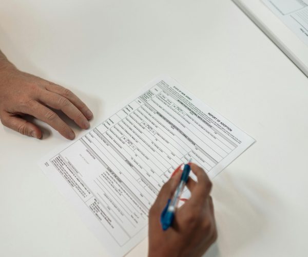 Two people reviewing and signing adoption documents, symbolizing legal procedures and family planning.